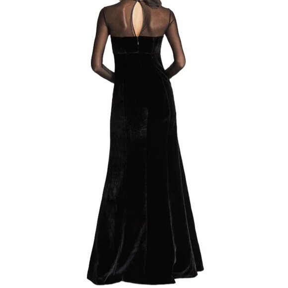 Farah Naz Black Velvet & Mesh Long Sleeve Gown Size 14 Keyhole Back Sheer Top Sl - Picture 2 of 8